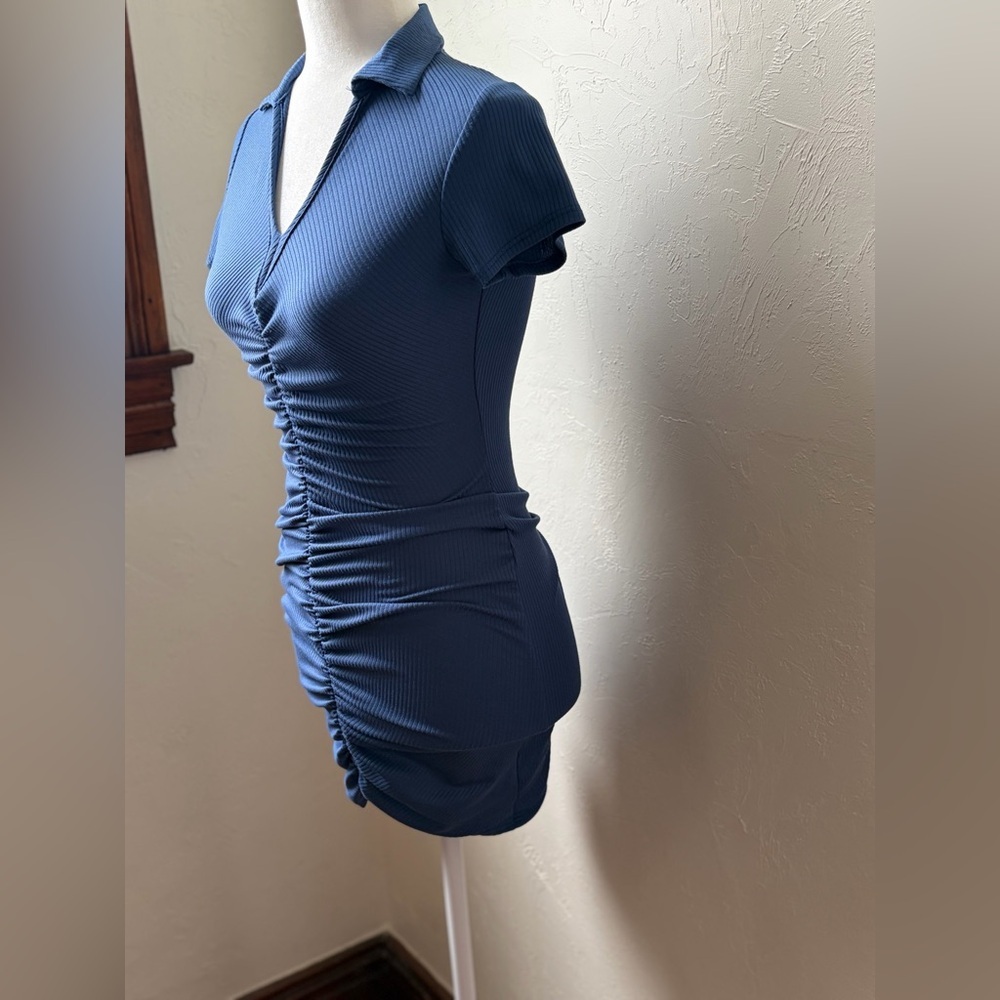 LIVI by Olivia Rae Ruched Ribbed Polo Mini Dress Blue XS - Picture 6 of 9